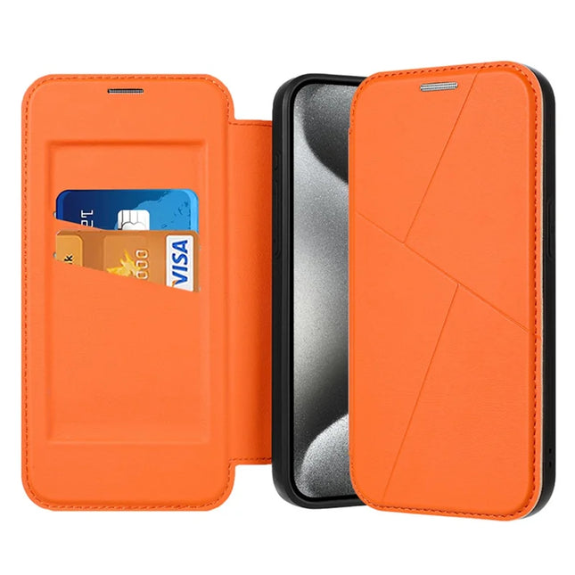 For iPhone 15 Pro Max Case Magnetic Closure Card Slot Leather Flip Phone Cover - Orange