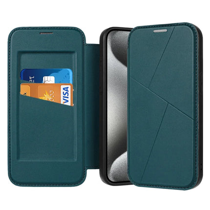For iPhone 15 Pro Max Case Magnetic Closure Card Slot Leather Flip Phone Cover - Green