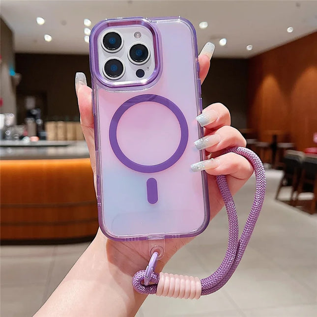 For iPhone 16 Pro Max Case Compatible with MagSafe Chameleon Design TPU+PC Phone Cover with Wrist Strap - Purple