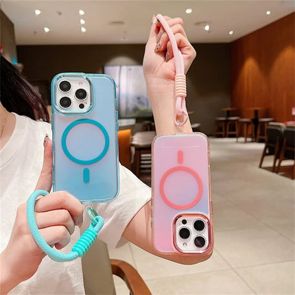 For iPhone 16 Pro Max Case Compatible with MagSafe Chameleon Design TPU+PC Phone Cover with Wrist Strap