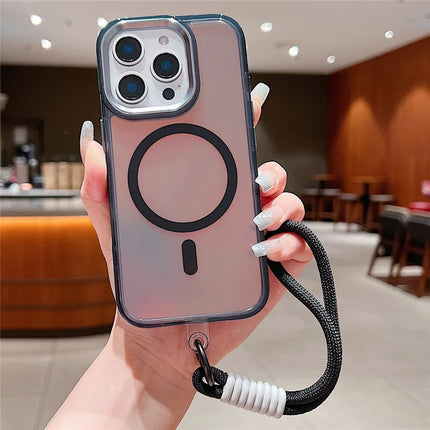 For iPhone 16 Pro Max Case Compatible with MagSafe Chameleon Design TPU+PC Phone Cover with Wrist Strap - Black