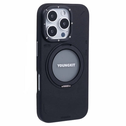YOUNGKIT For iPhone 16 Pro Case Compatible with MagSafe Rotating Kickstand PU+TPU Phone Cover - Black