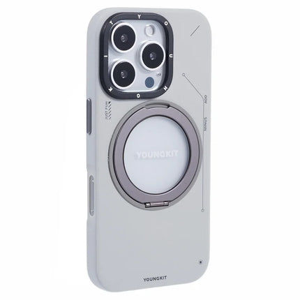 YOUNGKIT For iPhone 16 Pro Case Compatible with MagSafe Rotating Kickstand PU+TPU Phone Cover - Grey