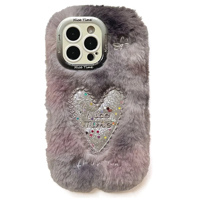 KJS-013 For iPhone 15 Pro Max Case Sparkly Heart Lens Kickstand Soft Plush TPU Phone Cover - Watercolor Grey