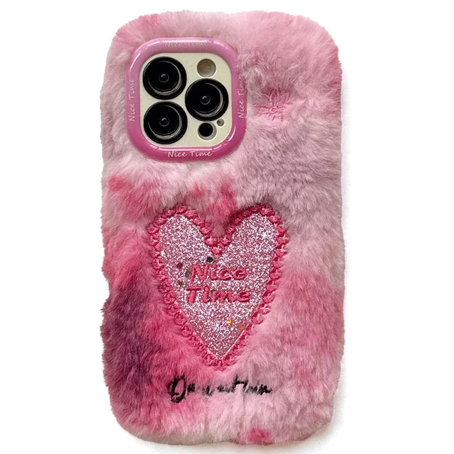 KJS-013 For iPhone 15 Pro Max Case Sparkly Heart Lens Kickstand Soft Plush TPU Phone Cover - Watercolor Pink