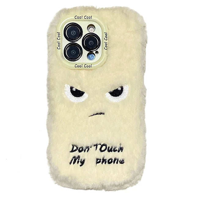 KJS-020 For iPhone 15 Pro Max Case Lens Kickstand Humorous Face Warm Fluffy TPU Phone Cover - White