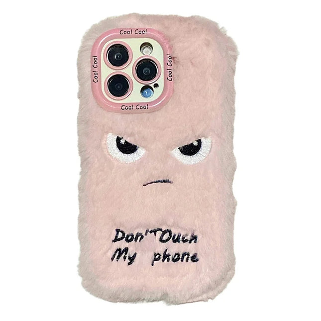 KJS-020 For iPhone 15 Pro Max Case Lens Kickstand Humorous Face Warm Fluffy TPU Phone Cover - Pink