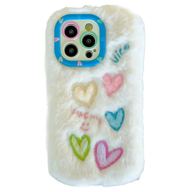 KJS-005 For iPhone 15 Pro Max Case Lens Kickstand Colorful Heart Embroidery Fluffy TPU Phone Cover - White