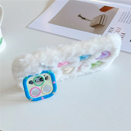 ShopCaseCart Kickstand Stand iPhone 15 Pro Max Protective cover Lens Kickstand Colorful Heart Embroidery Fluffy TPU Phone Guard