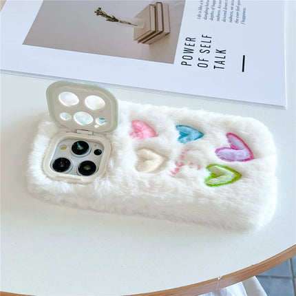 ShopCaseCart Kickstand Stand iPhone 15 Pro Max Protective cover Lens Kickstand Colorful Heart Embroidery Fluffy TPU Phone Guard