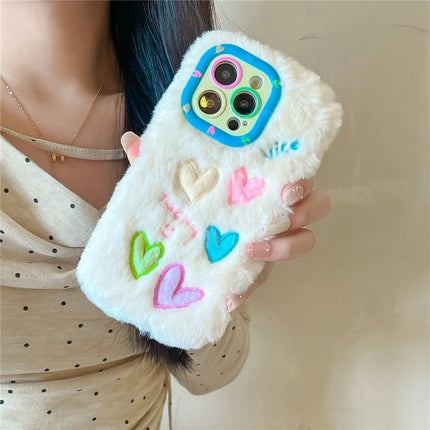 ShopCaseCart Kickstand Stand iPhone 15 Pro Max Protective cover Lens Kickstand Colorful Heart Embroidery Fluffy TPU Phone Guard