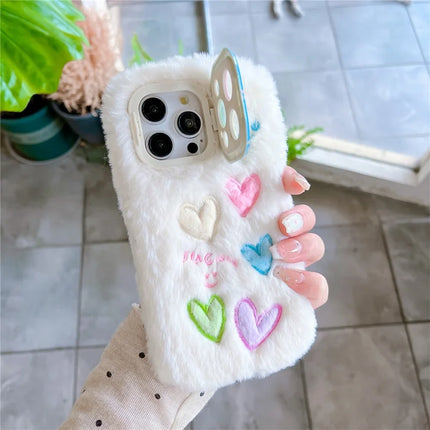 ShopCaseCart Kickstand Stand iPhone 15 Pro Max Protective cover Lens Kickstand Colorful Heart Embroidery Fluffy TPU Phone Guard
