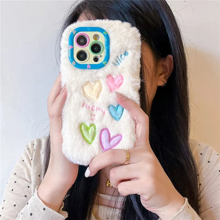 ShopCaseCart Kickstand Stand iPhone 15 Pro Max Protective cover Lens Kickstand Colorful Heart Embroidery Fluffy TPU Phone Guard