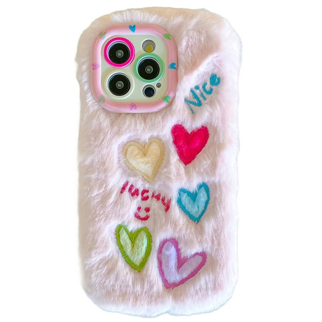 KJS-005 For iPhone 15 Pro Max Case Lens Kickstand Colorful Heart Embroidery Fluffy TPU Phone Cover - Pink