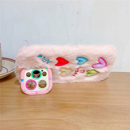 ShopCaseCart Kickstand Stand iPhone 15 Pro Max Protective cover Lens Kickstand Colorful Heart Embroidery Fluffy TPU Phone Guard
