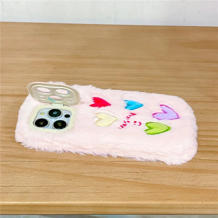 ShopCaseCart Kickstand Stand iPhone 15 Pro Max Protective cover Lens Kickstand Colorful Heart Embroidery Fluffy TPU Phone Guard