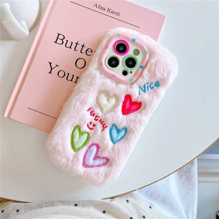 ShopCaseCart Kickstand Stand iPhone 15 Pro Max Protective cover Lens Kickstand Colorful Heart Embroidery Fluffy TPU Phone Guard