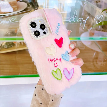 ShopCaseCart Kickstand Stand iPhone 15 Pro Max Protective cover Lens Kickstand Colorful Heart Embroidery Fluffy TPU Phone Guard