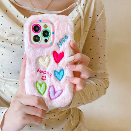 ShopCaseCart Kickstand Stand iPhone 15 Pro Max Protective cover Lens Kickstand Colorful Heart Embroidery Fluffy TPU Phone Guard