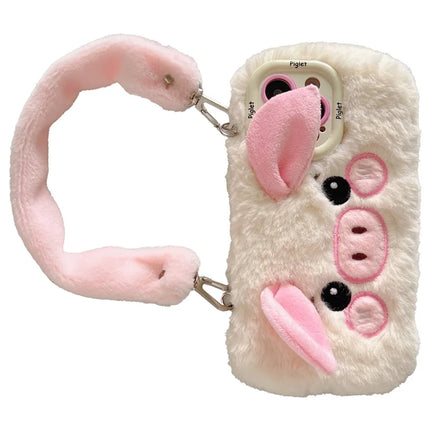 KJS-019 For iPhone 15 Pro Max Case Lens Kickstand TPU Piglet Plush Handheld Phone Cover - White