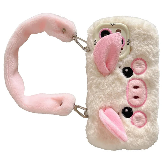 KJS-019 For iPhone 15 Pro Max Case Lens Kickstand TPU Piglet Plush Handheld Phone Cover - White