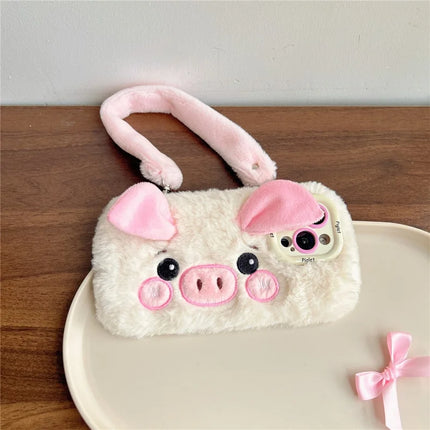 ShopCaseCart Kickstand Stand iPhone 15 Pro Max Protective cover Lens Kickstand TPU Piglet Plush Handheld Phone Guard