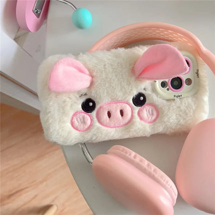 ShopCaseCart Kickstand Stand iPhone 15 Pro Max Protective cover Lens Kickstand TPU Piglet Plush Handheld Phone Guard
