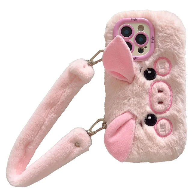 KJS-019 For iPhone 15 Pro Max Case Lens Kickstand TPU Piglet Plush Handheld Phone Cover - Pink