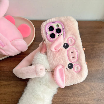 ShopCaseCart Kickstand Stand iPhone 15 Pro Max Protective cover Lens Kickstand TPU Piglet Plush Handheld Phone Guard