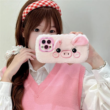 ShopCaseCart Kickstand Stand iPhone 15 Pro Max Protective cover Lens Kickstand TPU Piglet Plush Handheld Phone Guard