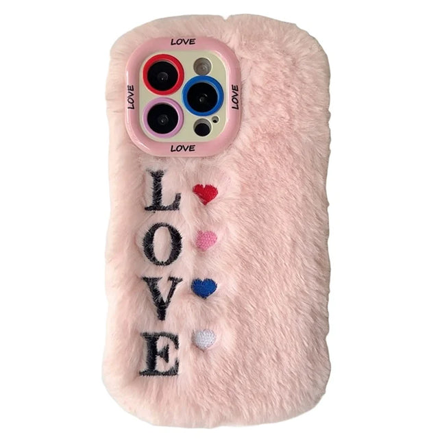 KJS-002 For iPhone 15 Pro Max Case Lens Kickstand Embroidered LOVE Fluffy TPU Phone Cover - Pink