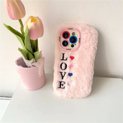 ShopCaseCart Stylish Kickstand iPhone 15 Pro Max Protective cover Lens Kickstand Embroidered LOVE Fluffy TPU Phone Guard