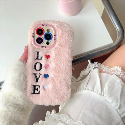 ShopCaseCart Stylish Kickstand iPhone 15 Pro Max Protective cover Lens Kickstand Embroidered LOVE Fluffy TPU Phone Guard