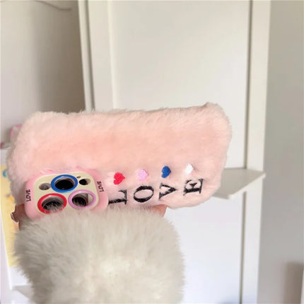 ShopCaseCart Stylish Kickstand iPhone 15 Pro Max Protective cover Lens Kickstand Embroidered LOVE Fluffy TPU Phone Guard
