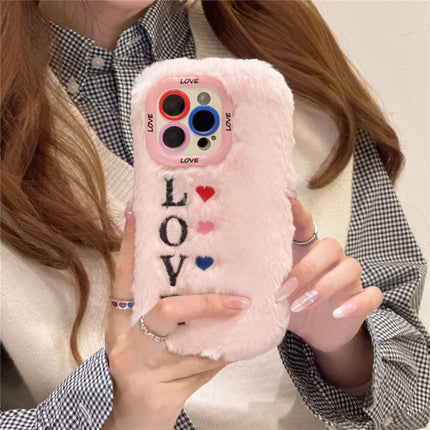ShopCaseCart Stylish Kickstand iPhone 15 Pro Max Protective cover Lens Kickstand Embroidered LOVE Fluffy TPU Phone Guard
