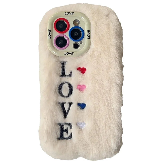 KJS-002 For iPhone 15 Pro Max Case Lens Kickstand Embroidered LOVE Fluffy TPU Phone Cover - White