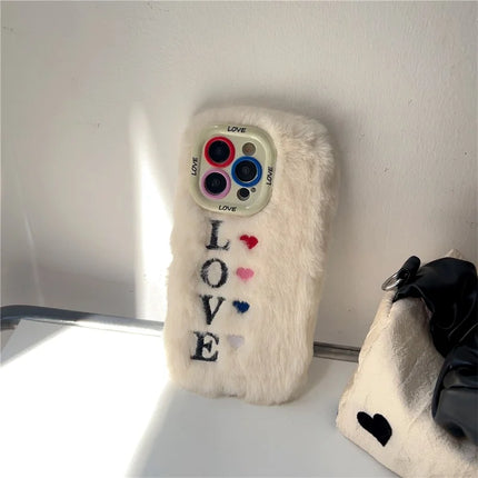 ShopCaseCart Stylish Kickstand iPhone 15 Pro Max Protective cover Lens Kickstand Embroidered LOVE Fluffy TPU Phone Guard