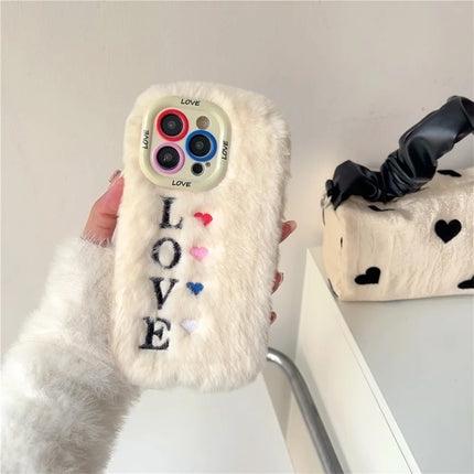 ShopCaseCart Stylish Kickstand iPhone 15 Pro Max Protective cover Lens Kickstand Embroidered LOVE Fluffy TPU Phone Guard