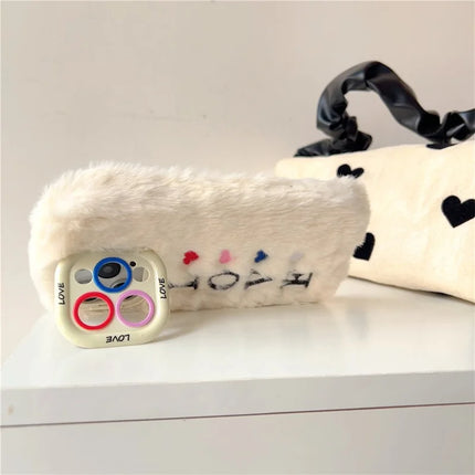 ShopCaseCart Stylish Kickstand iPhone 15 Pro Max Protective cover Lens Kickstand Embroidered LOVE Fluffy TPU Phone Guard