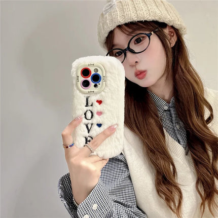 ShopCaseCart Stylish Kickstand iPhone 15 Pro Max Protective cover Lens Kickstand Embroidered LOVE Fluffy TPU Phone Guard