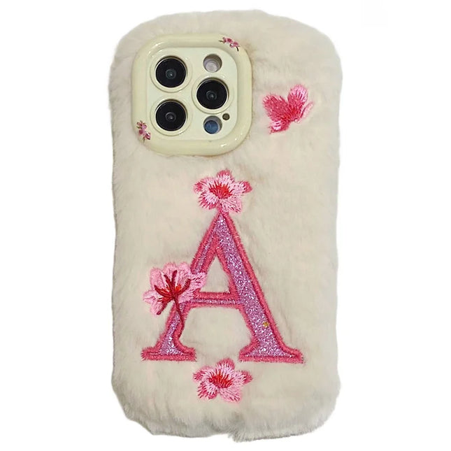 KJS-021 For iPhone 15 Pro Max Case Lens Kickstand Embroidered Floral Warm Fluffy TPU Phone Cover - White