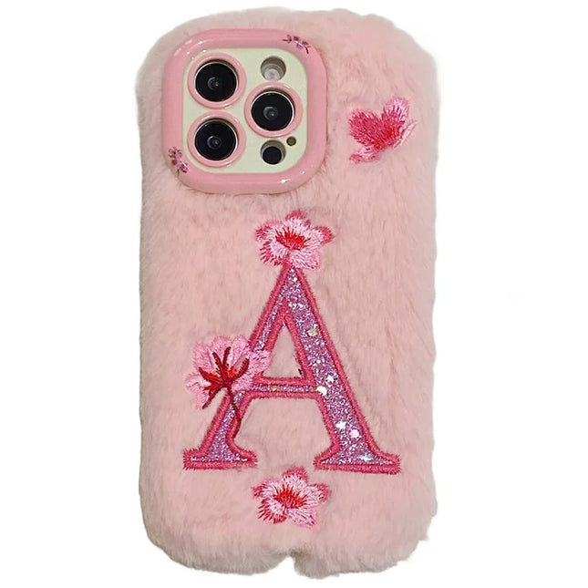 KJS-021 For iPhone 15 Pro Max Case Lens Kickstand Embroidered Floral Warm Fluffy TPU Phone Cover - Pink