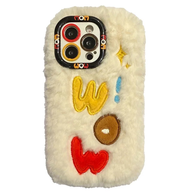 KJS-018 For iPhone 15 Pro Max Case Lens Kickstand Embroidered WOW TPU Plush Furry Phone Cover - White