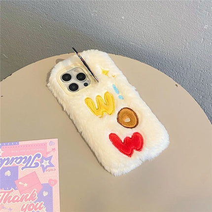 ShopCaseCart Kickstand Stand iPhone 15 Pro Max Protective cover Lens Kickstand Embroidered WOW TPU Plush Furry Phone Guard