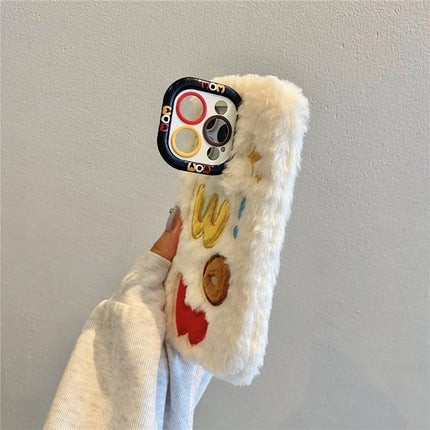 ShopCaseCart Kickstand Stand iPhone 15 Pro Max Protective cover Lens Kickstand Embroidered WOW TPU Plush Furry Phone Guard