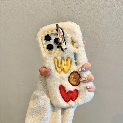 ShopCaseCart Kickstand Stand iPhone 15 Pro Max Protective cover Lens Kickstand Embroidered WOW TPU Plush Furry Phone Guard