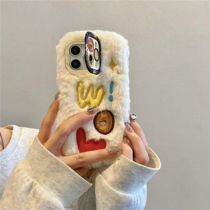 ShopCaseCart Kickstand Stand iPhone 15 Pro Max Protective cover Lens Kickstand Embroidered WOW TPU Plush Furry Phone Guard