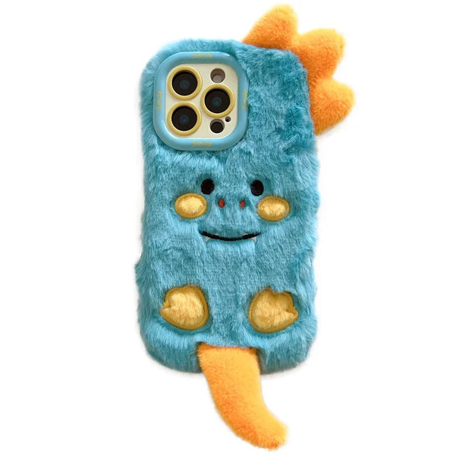 KJS-027 For iPhone 15 Pro Max Case Monster Dinosaur Lens Kickstand TPU Warm Plush Phone Cover