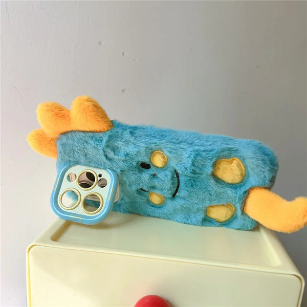 ShopCaseCart Kickstand Stand iPhone 15 Pro Max Protective cover Monster Dinosaur Lens Kickstand TPU Warm Plush Phone Guard