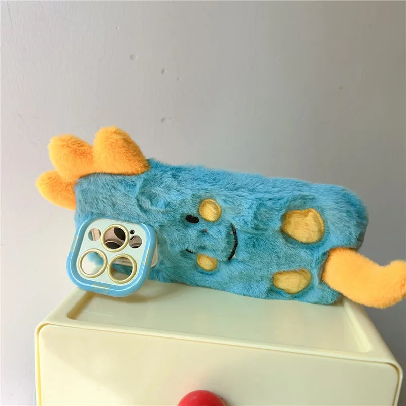 ShopCaseCart Kickstand Stand iPhone 15 Pro Max Protective cover Monster Dinosaur Lens Kickstand TPU Warm Plush Phone Guard